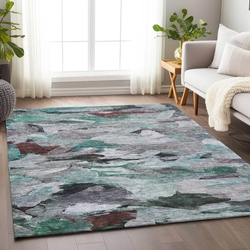 Teal Blue Gray And Brown Abstract Washable Indoor Outdoor Area Rug Photo 9