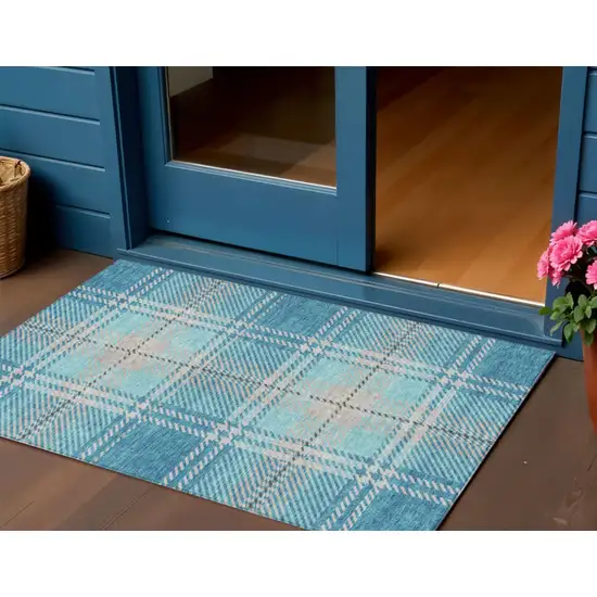 Teal Blue Gray And Brown Plaid Washable Indoor Outdoor Area Rug Photo 1
