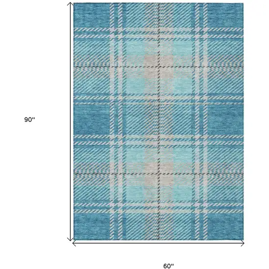 Teal Blue Gray And Brown Plaid Washable Indoor Outdoor Area Rug Photo 3