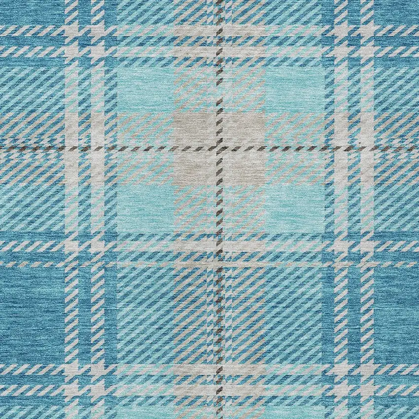 Teal Blue Gray And Brown Plaid Washable Indoor Outdoor Area Rug Photo 5