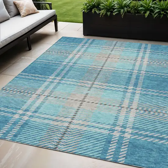 Teal Blue Gray And Brown Plaid Washable Indoor Outdoor Area Rug Photo 1