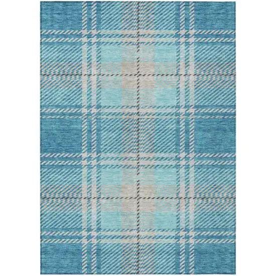 Teal Blue Gray And Brown Plaid Washable Indoor Outdoor Area Rug Photo 2