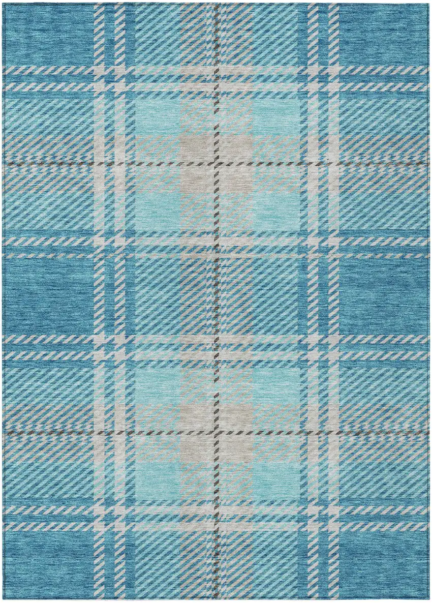 Teal Blue Gray And Brown Plaid Washable Indoor Outdoor Area Rug Photo 2