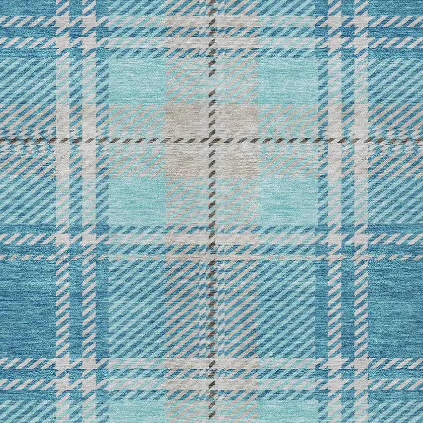 Teal Blue Gray And Brown Plaid Washable Indoor Outdoor Area Rug Photo 5