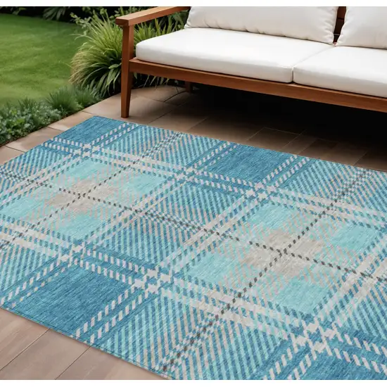 Teal Blue Gray And Brown Plaid Washable Indoor Outdoor Area Rug Photo 1