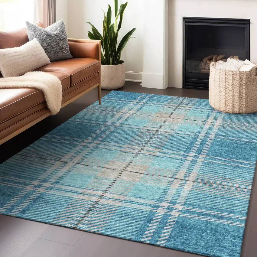 Teal Blue Gray And Brown Plaid Washable Indoor Outdoor Area Rug Photo 8