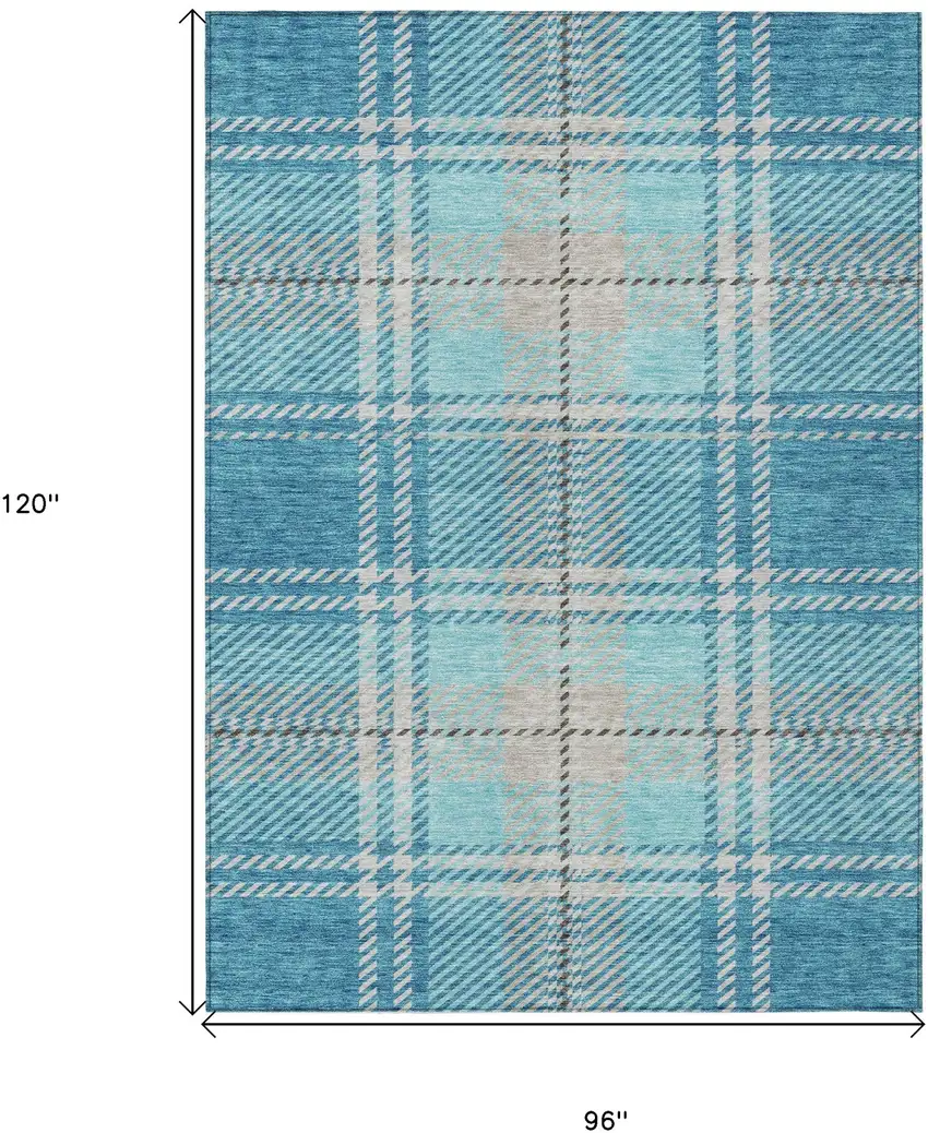 Teal Blue Gray And Brown Plaid Washable Indoor Outdoor Area Rug Photo 3