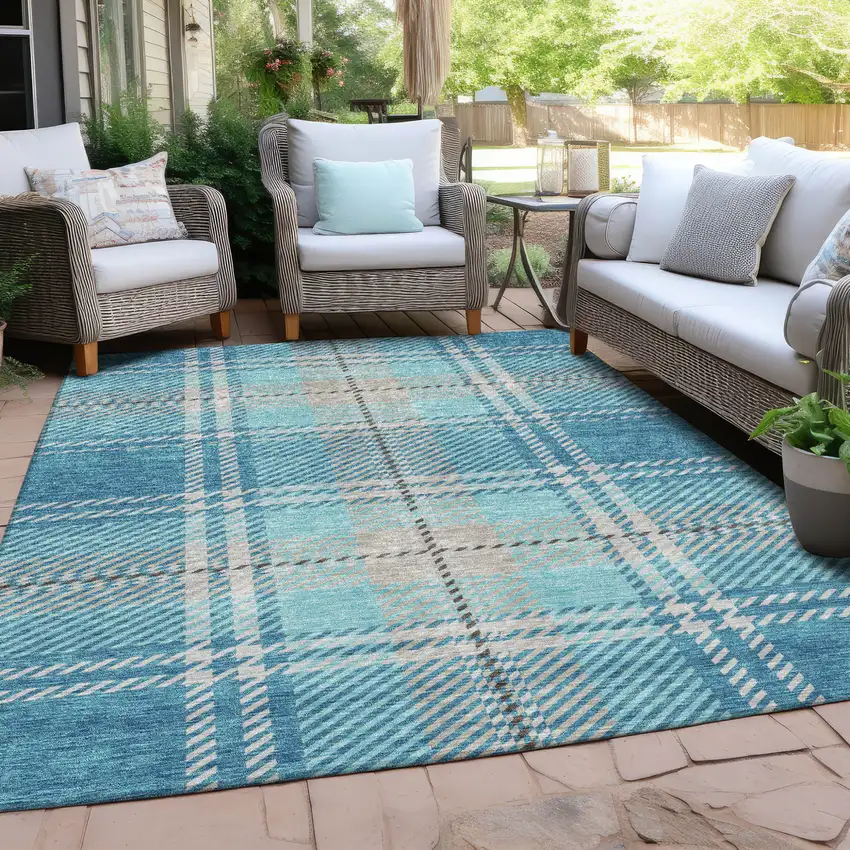 Teal Blue Gray And Brown Plaid Washable Indoor Outdoor Area Rug Photo 7