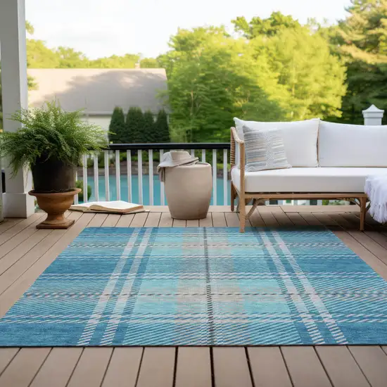 Teal Blue Gray And Brown Plaid Washable Indoor Outdoor Area Rug Photo 9
