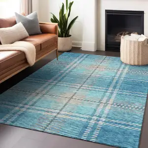 Photo of Teal Blue Gray And Brown Plaid Washable Indoor Outdoor Area Rug