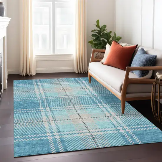 Teal Blue Gray And Brown Plaid Washable Indoor Outdoor Area Rug Photo 9