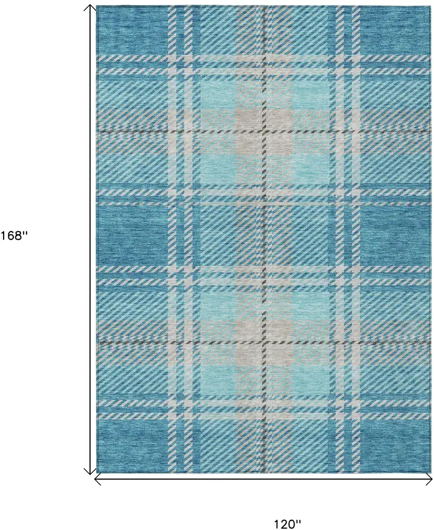 Teal Blue Gray And Brown Plaid Washable Indoor Outdoor Area Rug Photo 3