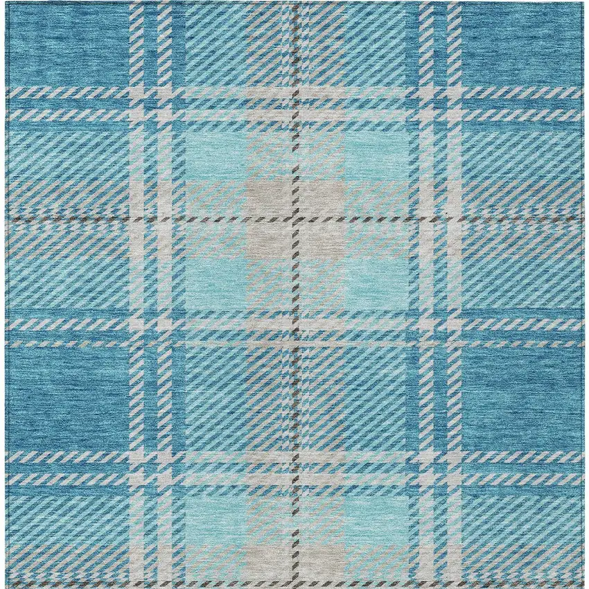 Teal Blue Gray And Brown Plaid Washable Indoor Outdoor Area Rug Photo 6