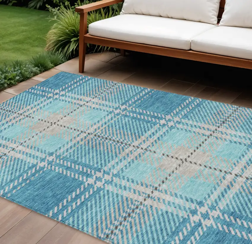 Teal Blue Gray And Brown Plaid Washable Indoor Outdoor Area Rug Photo 1