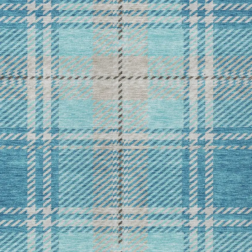 Teal Blue Gray And Brown Plaid Washable Indoor Outdoor Area Rug Photo 5