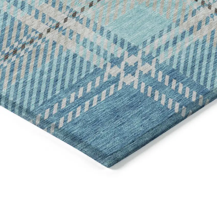 Teal Blue Gray And Brown Plaid Washable Indoor Outdoor Area Rug Photo 4