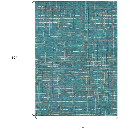 Teal Blue Gray And Brown Striped Washable Indoor Outdoor Area Rug Photo 3