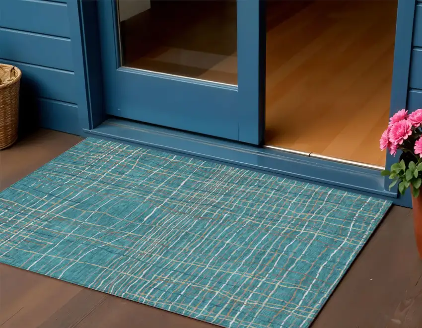 Teal Blue Gray And Brown Striped Washable Indoor Outdoor Area Rug Photo 1