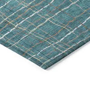 Photo of Teal Blue Gray And Brown Striped Washable Indoor Outdoor Area Rug