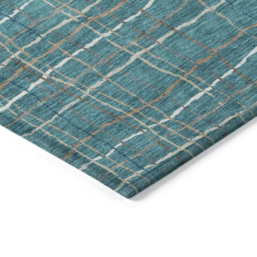 Teal Blue Gray And Brown Striped Washable Indoor Outdoor Area Rug Photo 4