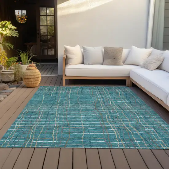 Teal Blue Gray And Brown Striped Washable Indoor Outdoor Area Rug Photo 8