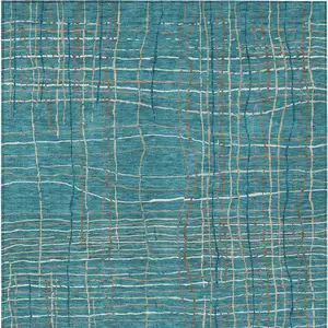 Photo of Teal Blue Gray And Brown Striped Washable Indoor Outdoor Area Rug