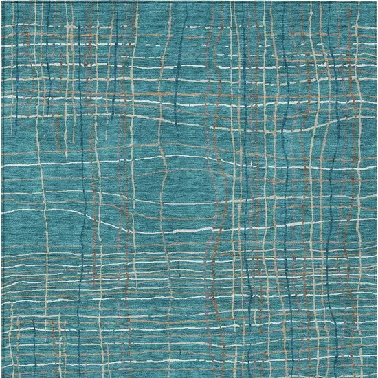 Teal Blue Gray And Brown Striped Washable Indoor Outdoor Area Rug Photo 6
