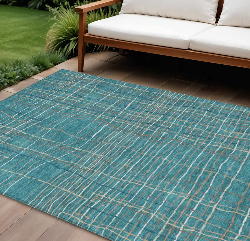 Teal Blue Gray And Brown Striped Washable Indoor Outdoor Area Rug Photo 1
