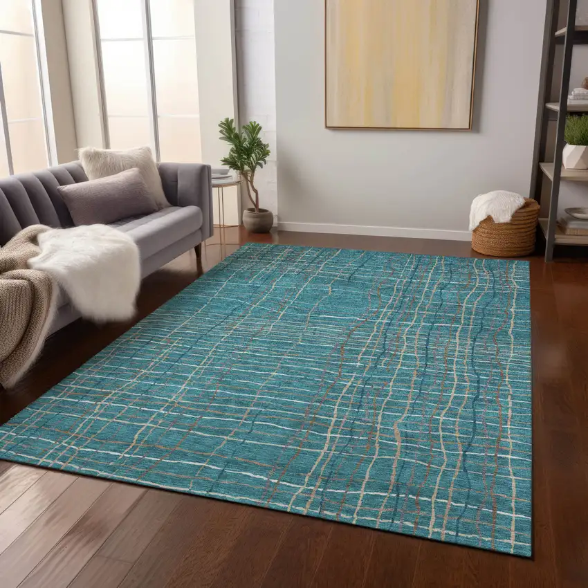 Teal Blue Gray And Brown Striped Washable Indoor Outdoor Area Rug Photo 9