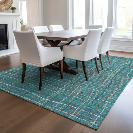 Teal Blue Gray And Brown Striped Washable Indoor Outdoor Area Rug Photo 9