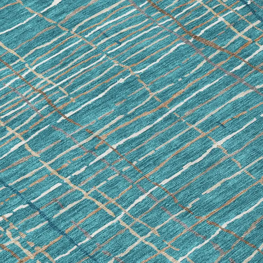Teal Blue Gray And Brown Striped Washable Indoor Outdoor Area Rug Photo 5