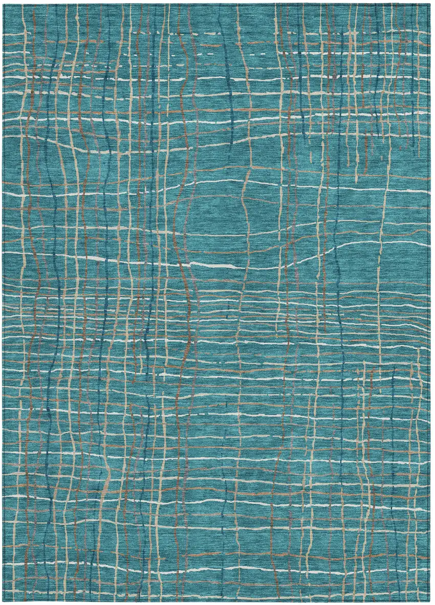 Teal Blue Gray And Brown Striped Washable Indoor Outdoor Area Rug Photo 6