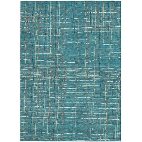 Teal Blue Gray And Brown Striped Washable Indoor Outdoor Area Rug Photo 6