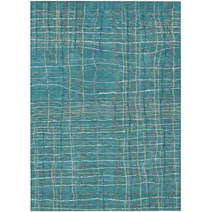 Photo of Teal Blue Gray And Brown Striped Washable Indoor Outdoor Area Rug