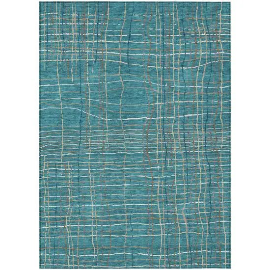 Teal Blue Gray And Brown Striped Washable Indoor Outdoor Area Rug Photo 2