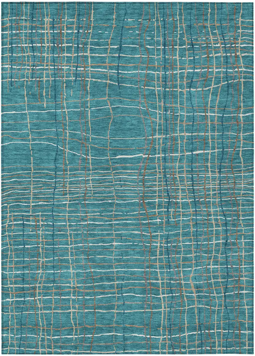 Teal Blue Gray And Brown Striped Washable Indoor Outdoor Area Rug Photo 2