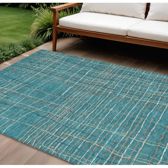 Teal Blue Gray And Brown Striped Washable Indoor Outdoor Area Rug Photo 1