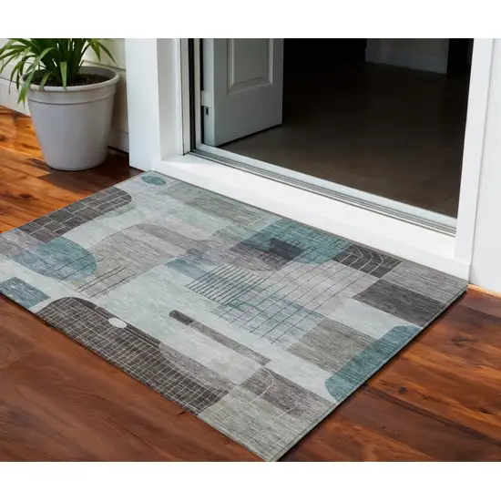 Teal Blue Gray And Charcoal Abstract Washable Indoor Outdoor Area Rug Photo 1