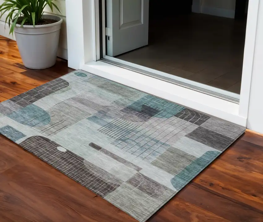 Teal Blue Gray And Charcoal Abstract Washable Indoor Outdoor Area Rug Photo 1
