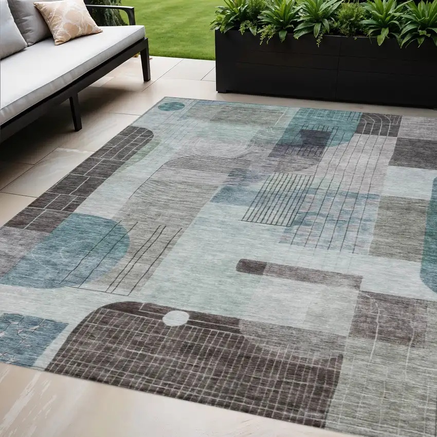 Teal Blue Gray And Charcoal Abstract Washable Indoor Outdoor Area Rug Photo 1
