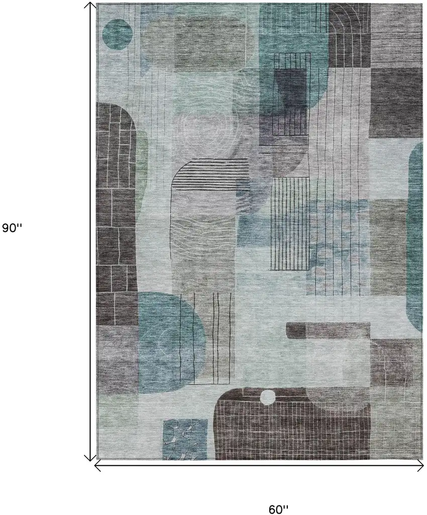 Teal Blue Gray And Charcoal Abstract Washable Indoor Outdoor Area Rug Photo 7