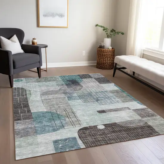 Teal Blue Gray And Charcoal Abstract Washable Indoor Outdoor Area Rug Photo 9