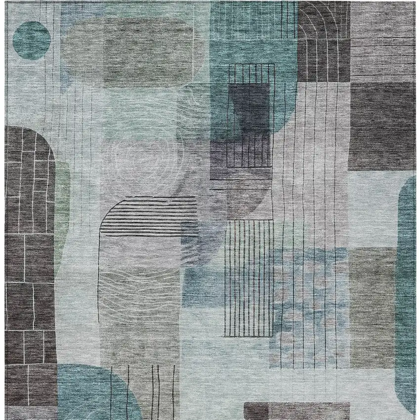 Teal Blue Gray And Charcoal Abstract Washable Indoor Outdoor Area Rug Photo 6