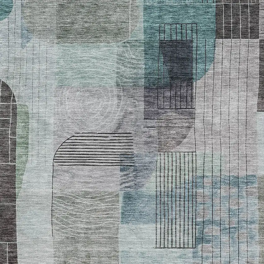 Teal Blue Gray And Charcoal Abstract Washable Indoor Outdoor Area Rug Photo 5