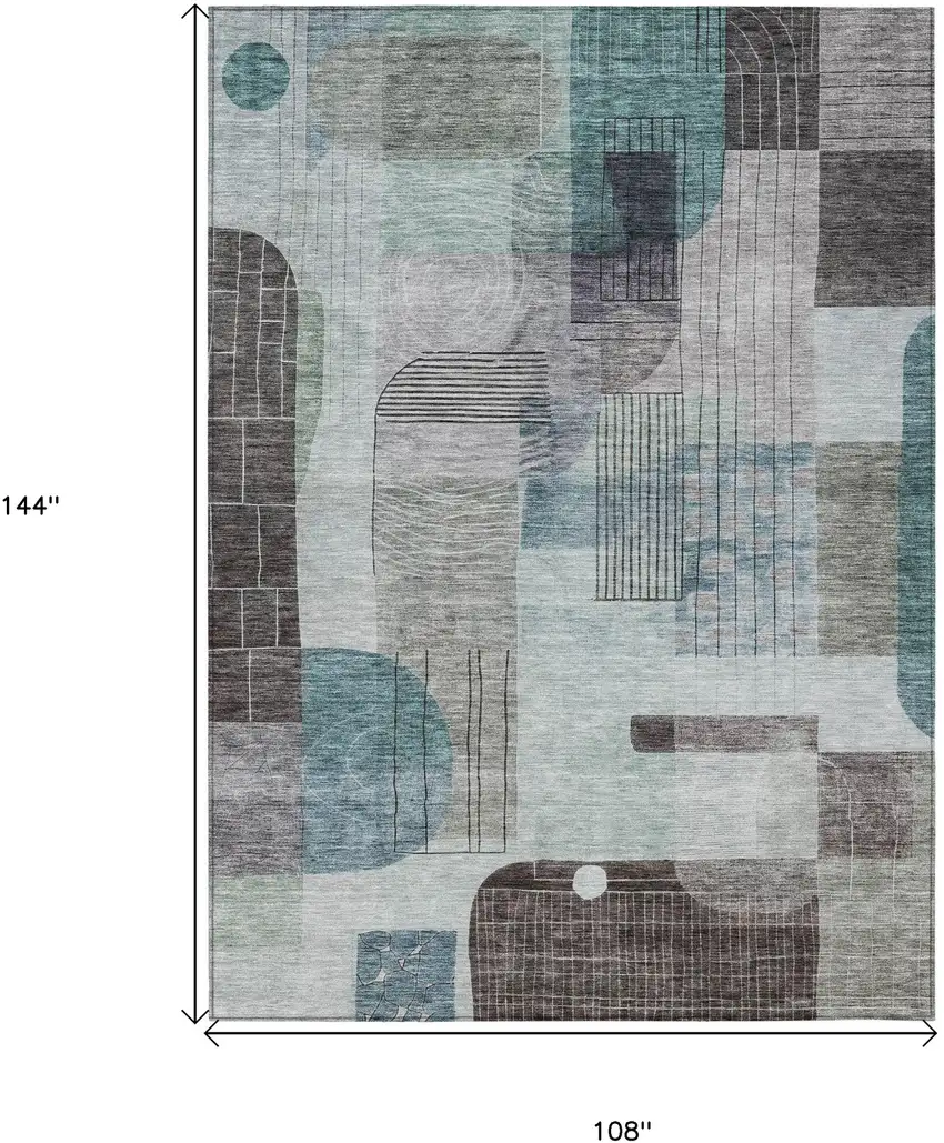 Teal Blue Gray And Charcoal Abstract Washable Indoor Outdoor Area Rug Photo 7