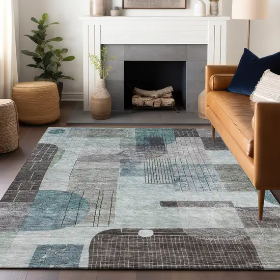 Teal Blue Gray And Charcoal Abstract Washable Indoor Outdoor Area Rug Photo 8