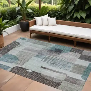 Photo of Teal Blue Gray And Charcoal Abstract Washable Indoor Outdoor Area Rug