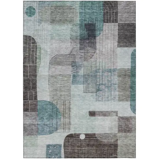 Teal Blue Gray And Charcoal Abstract Washable Indoor Outdoor Area Rug Photo 2
