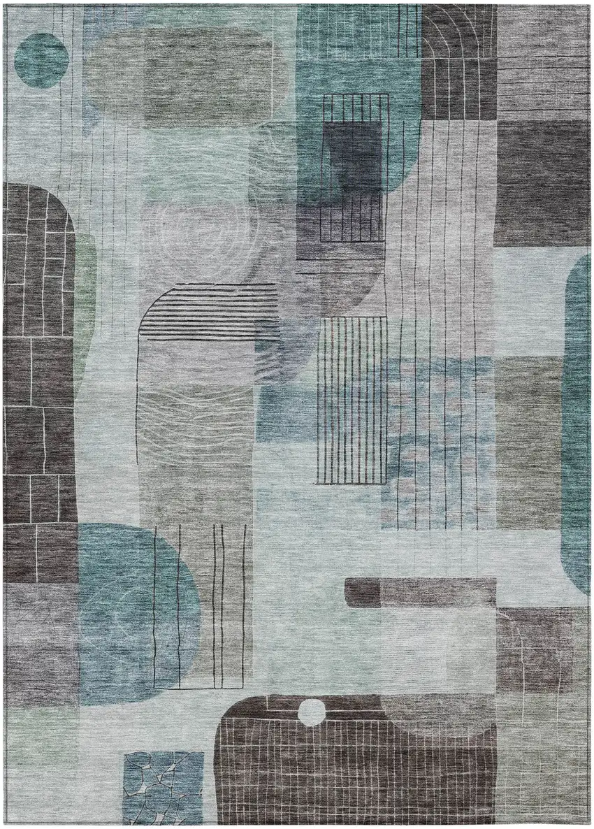Teal Blue Gray And Charcoal Abstract Washable Indoor Outdoor Area Rug Photo 2