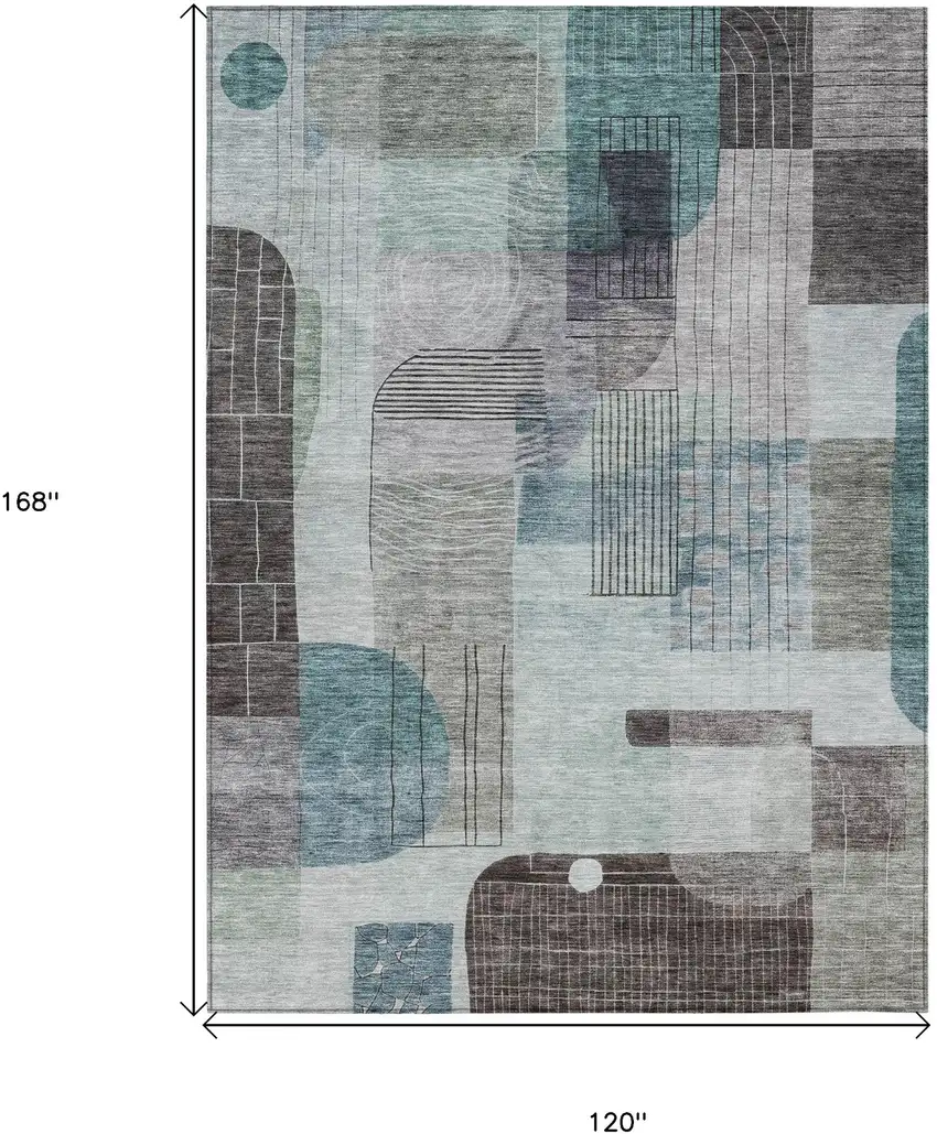 Teal Blue Gray And Charcoal Abstract Washable Indoor Outdoor Area Rug Photo 7